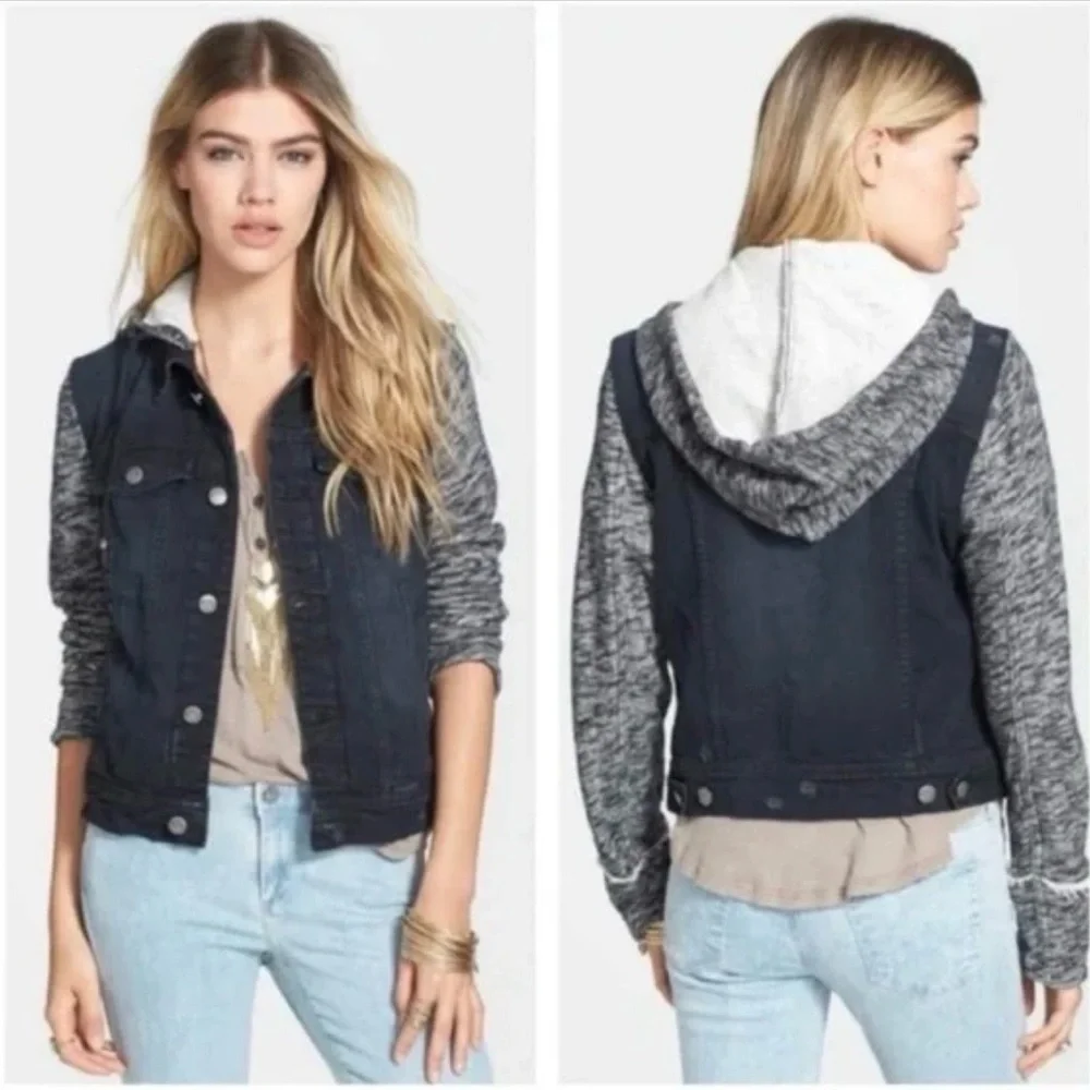 Free People Distressed Black Denim Jacket with Grey Knit Sleeves & Hood in XS